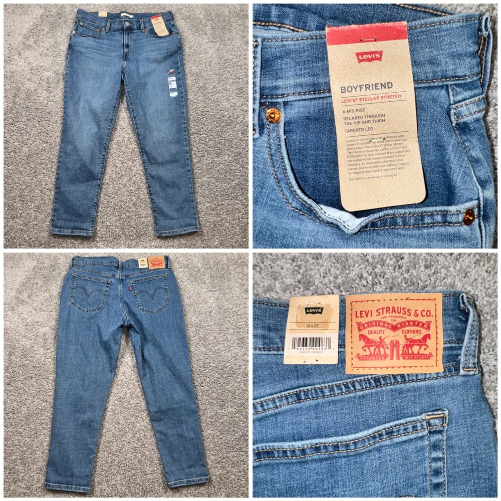 Levi's Boyfriend Jeans Womens Mid Rise Tapered Stretch Blue 31 x 27 NEW